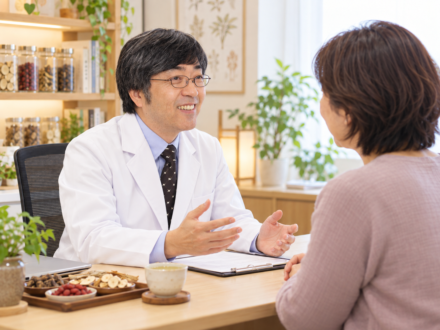 漢方外来で医師が患者さんに説明している診察風景